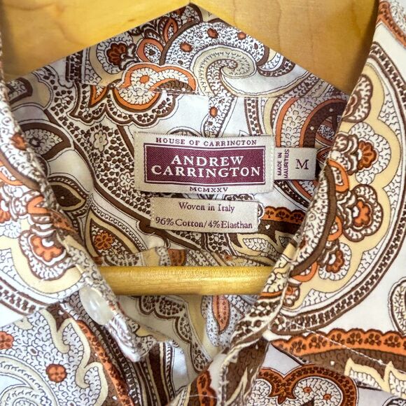 Andrew Carrington White Rust Tan Paisley LS Collared Button Front Shirt Size M - Picture 4 of 12